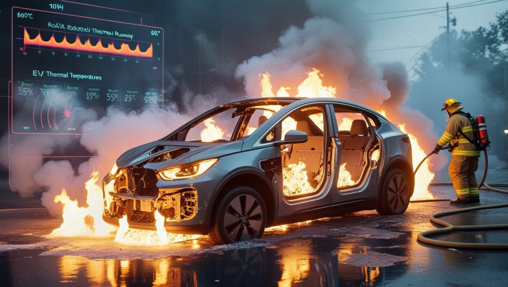 Melted robotaxi explodes in flames, glowing lithium-ion cells, magnesium flares, and toxic hydrogen fluoride gas cloud. Firefighters battle EV thermal runaway.