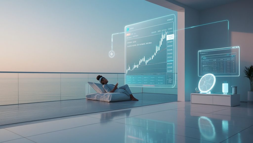 Person relaxing by the ocean while AI-powered crypto trading software displays automated gains on a holographic screen, symbolizing time freedom and passive income through trading automation.