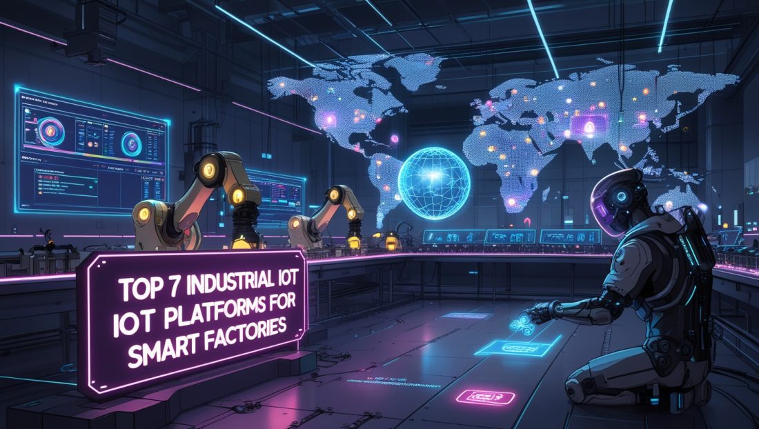 Futuristic cyberpunk smart factory with glowing neon text “Top 7 Industrial IoT Platforms for Smart Factories,” showcasing robotic arms, real-time data streams, digital twin dashboards, and AR overlays, symbolizing AI-powered industrial automation and predictive maintenance.