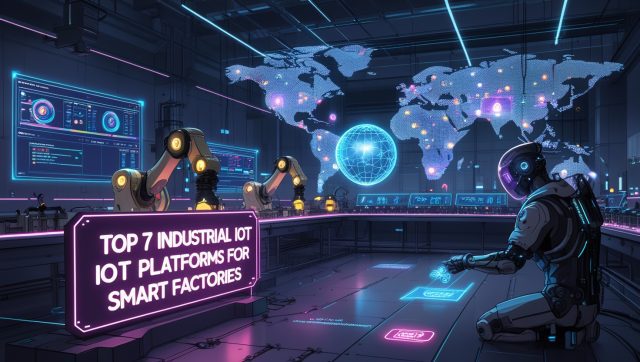 Futuristic cyberpunk smart factory with glowing neon text “Top 7 Industrial IoT Platforms for Smart Factories,” showcasing robotic arms, real-time data streams, digital twin dashboards, and AR overlays, symbolizing AI-powered industrial automation and predictive maintenance.