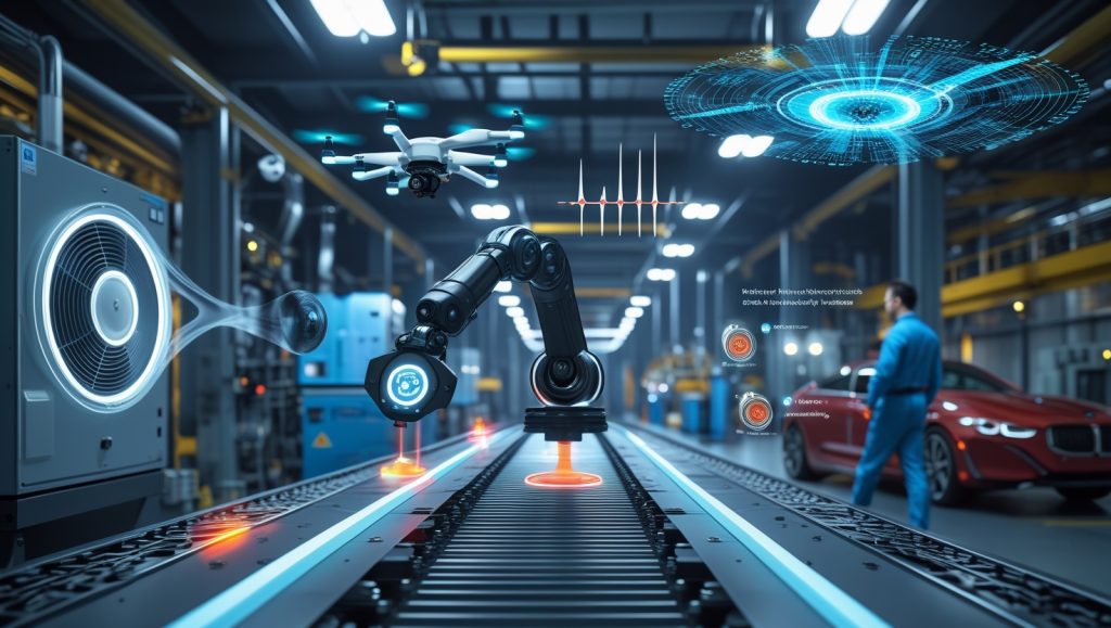 Futuristic sound intelligence system using MEMS microphones for predictive maintenance, gas leak detection, structural monitoring, and automotive noise control with AI-driven acoustic analysis in industrial and automotive settings