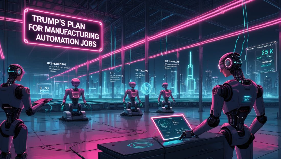 Illustration of Trump’s 2025 manufacturing automation jobs plan featuring humanoid robots, Tesla Gigafactory automation, and a U.S. technician monitoring robotic systems with AR in a neon-lit factory.