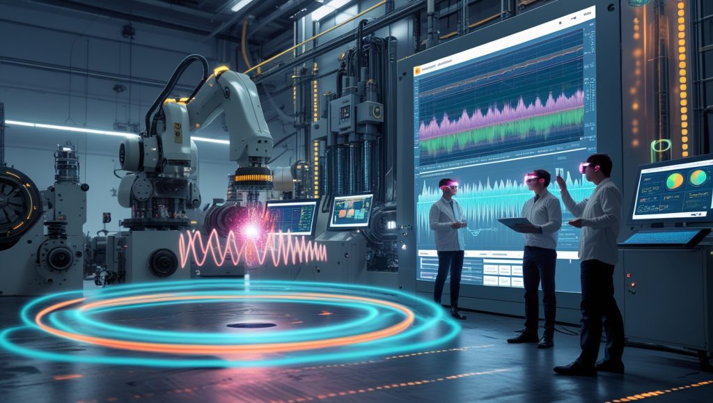 Smart factory with MEMS microphones and edge AI analyzing machine sounds in real-time, showing acoustic diagnostics on holographic interfaces for predictive maintenance and industrial efficiency.