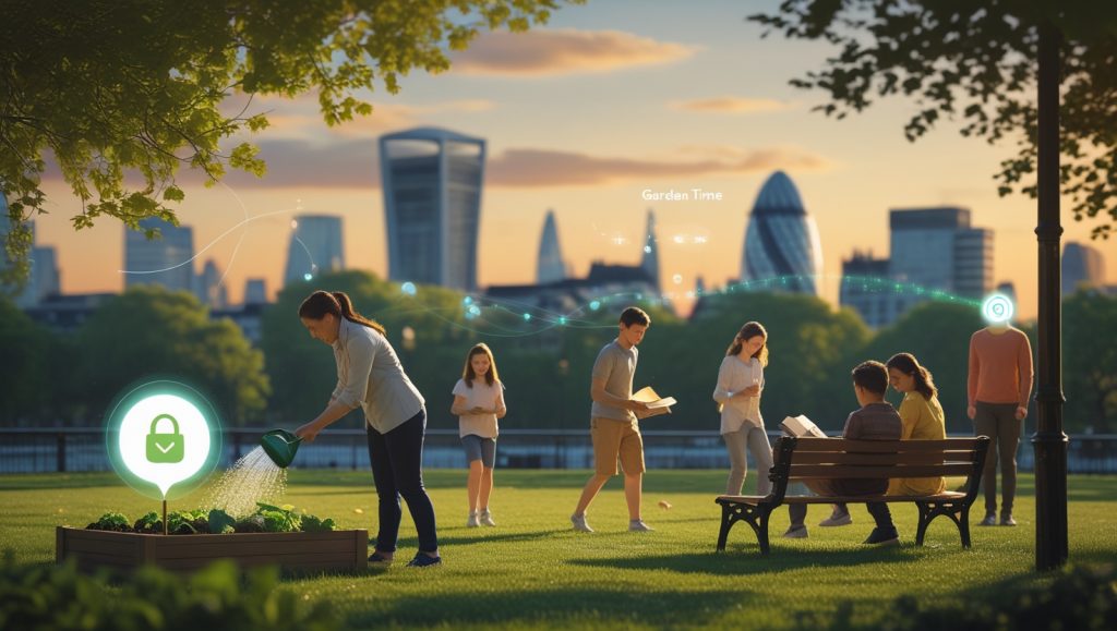 AI-assisted digital wellness in a London park, featuring people gardening, reading, and playing outdoors with subtle tech elements promoting healthy screen-time balance