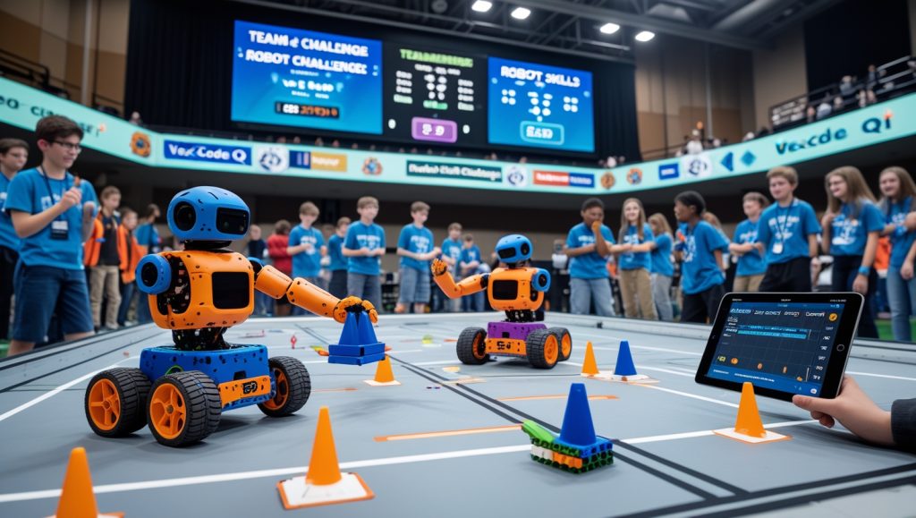 Middle school students competing in the VEX IQ Robotics Competition, programming and controlling colorful snap-together robots to stack pins and beams on a 6x8 field during the 2025-2026 Mix & Match challenge, showcasing teamwork and autonomous coding using VEXcode IQ.
