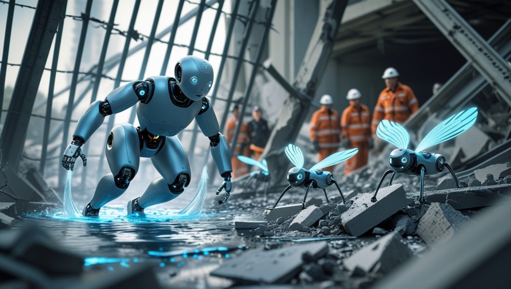 Shape-shifting fluid rescue robots navigating disaster debris, transforming from liquid to solid forms to pass through narrow gaps and assist in emergency operations.