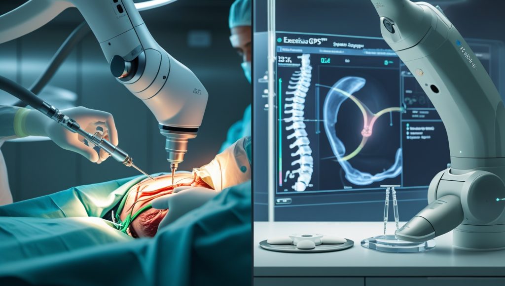 Robotic surgery system performing minimally invasive hernia and spine procedures with CT-guided navigation and wristed instruments, showcasing precision and faster patient recovery