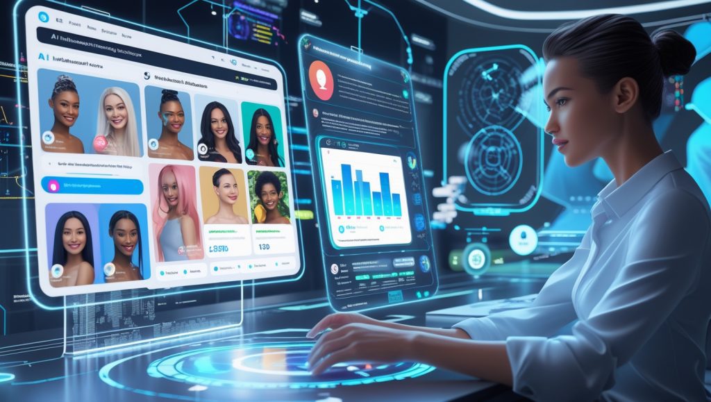 Futuristic AI influencer marketing workspace with holographic screens showing virtual influencers, data analytics dashboards, and a brand manager using AI assistant to optimize social media campaigns in 2025.