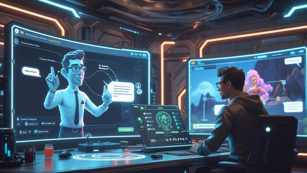 Game developer using Epic Games’ Persona Device to create AI-driven NPC with customizable voice, personality, and real-time dialogue in a futuristic development studio, showcasing dynamic character creation tools and immersive storytelling technology.