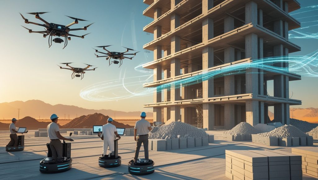 Aerial construction drones building a skyscraper at sunrise, transporting materials and scanning structures in a high-tech, labor-efficient construction site with minimal human presence.