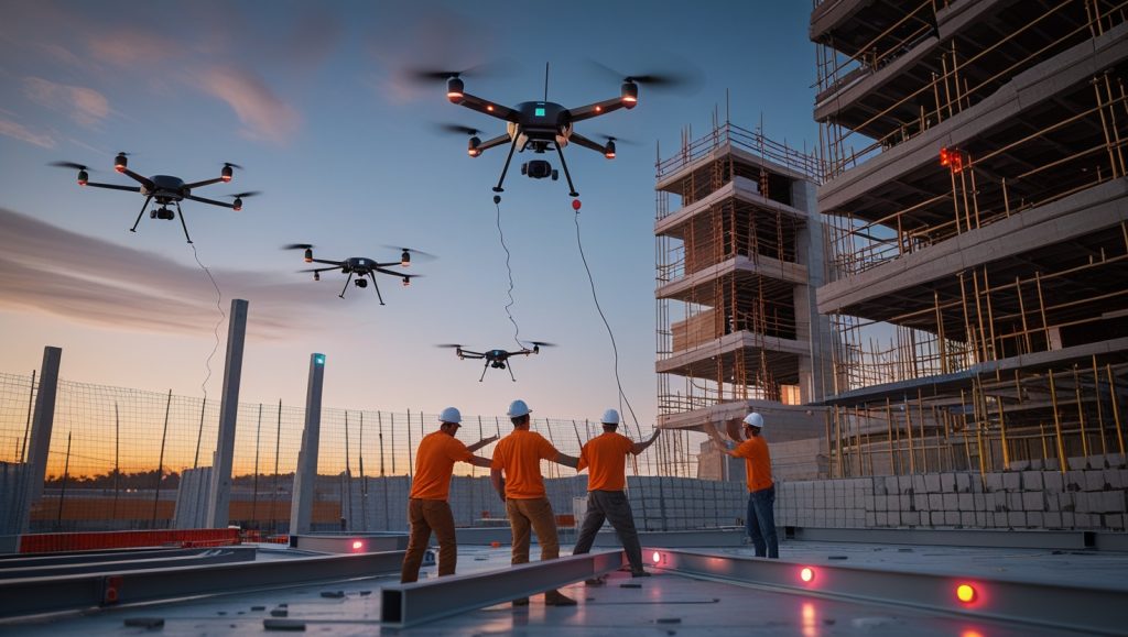 Aerial construction drones struggling with limited battery life and wind while human workers guide materials on a construction site, illustrating challenges in fully replacing humans with drone technology in 2025
