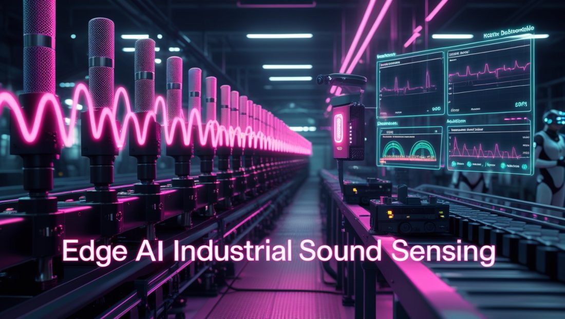 Cyberpunk-style digital illustration of a futuristic factory using Edge AI industrial sound sensing, featuring neon pink soundwave overlays, MEMS microphones on machinery, and real-time anomaly detection displays.