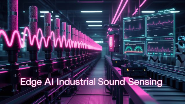 Cyberpunk-style digital illustration of a futuristic factory using Edge AI industrial sound sensing, featuring neon pink soundwave overlays, MEMS microphones on machinery, and real-time anomaly detection displays.