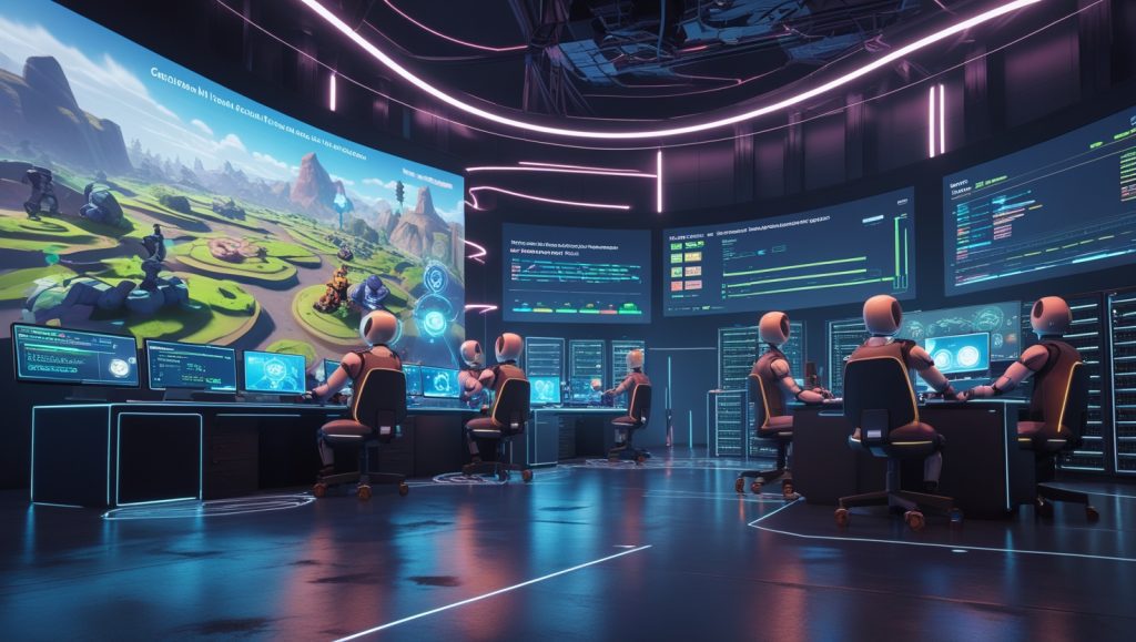 Futuristic game development studio powered by industrial AI, with holographic displays generating real-time environments, robotic arms optimizing workflows, and analytics tracking billions of players globally.