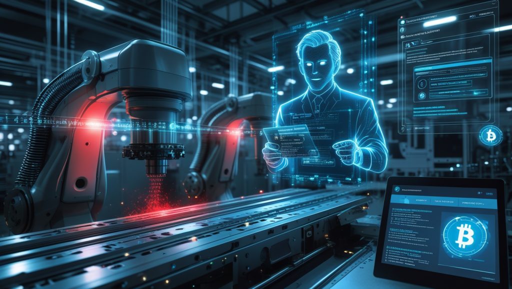 Futuristic industrial factory with robotic arms and blockchain payment interface, highlighting crypto fraud risks, deepfake attacks, and cryptojacking threats in automated manufacturing environments.