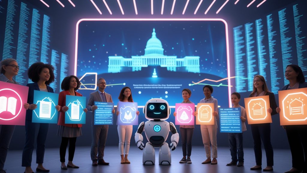Parents advocating for ethical AI policies in 2025, with protest signs highlighting child safety, set against digital backdrops of government buildings and futuristic AI visuals.