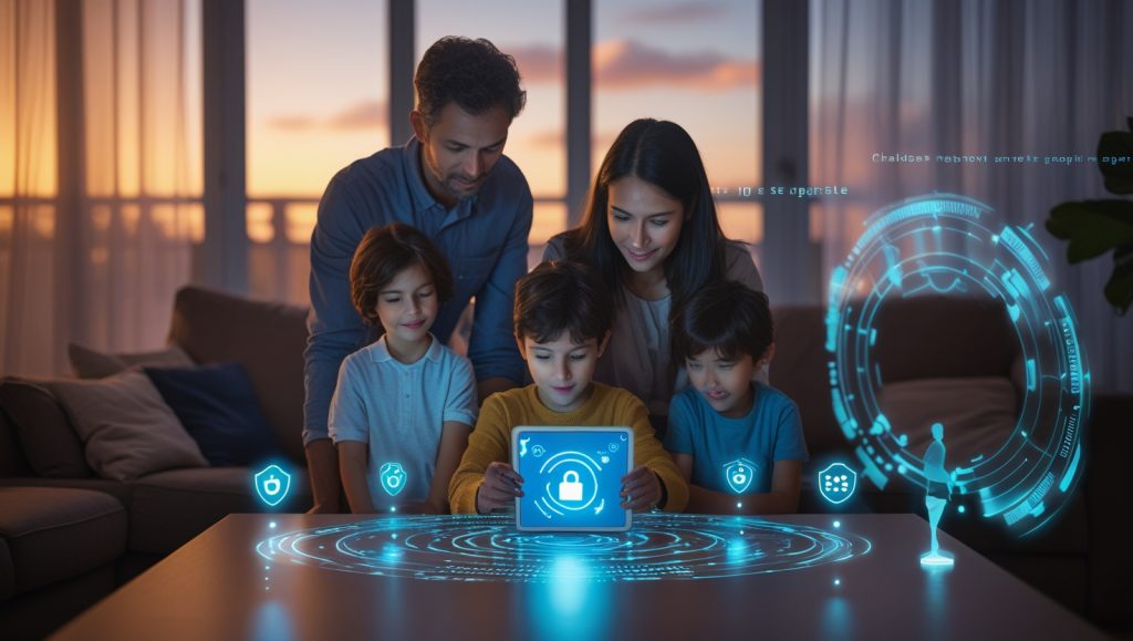 Parents monitoring children using AI tools on a tablet, with digital safety icons and community advocacy symbols representing AI safety for kids in 2025.