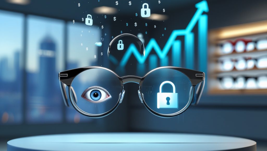 Futuristic AI glasses with embedded camera lens highlighting privacy concerns, floating lock icons, and rising cost graph symbolizing affordability challenges in wearable tech