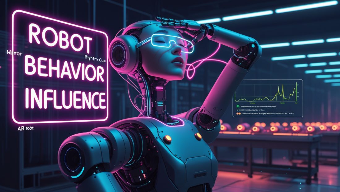Robot Behavior Influence in 2025: Industrial robot syncing with worker through yawning gesture, showcasing biological synchronization and AI-driven efficiency in smart factories.