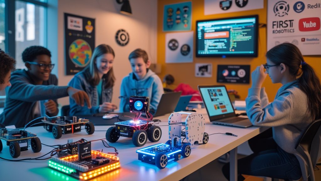 Beginners building robots in a modern makerspace using Arduino UNO boards, sensors, and online tutorials, showcasing accessible robotics tools and global learning communities in 2025.