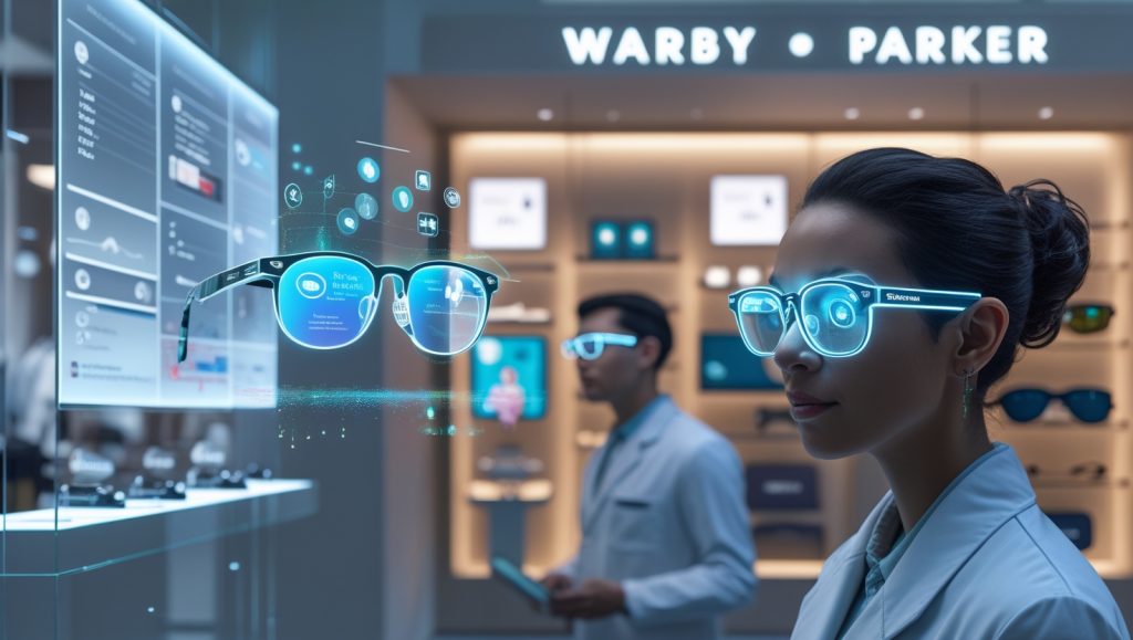 AI-powered smart glasses showcasing augmented reality features for productivity, accessibility, and education, including holographic overlays for scheduling, translation, and medical training, displayed alongside stylish retail eyewear from Warby Parker and Ray-Ban competitors