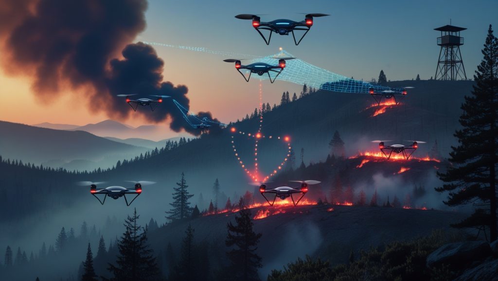 Autonomous AI-powered wildfire detection drones scanning forest terrain at dusk, identifying early fire ignitions with thermal sensors, surpassing outdated lookout towers and satellite systems