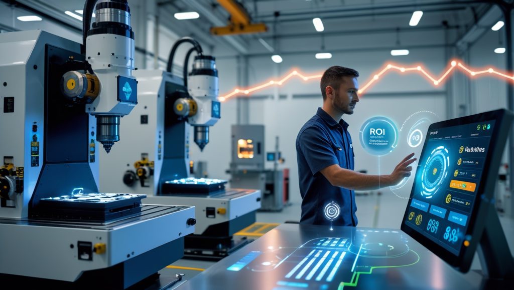 Smart factory with CNC machines equipped with vibration sensors, technician analyzing real-time MTBF and predictive maintenance data on touchscreen interface, illustrating scalable industrial IoT deployment and ROI growth.