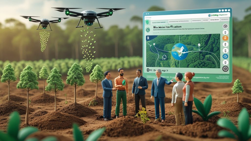 Drones planting trees over a reforested landscape with a transparent blockchain dashboard, symbolizing verified restoration efforts, tech-community partnerships, and global reforestation advocacy.