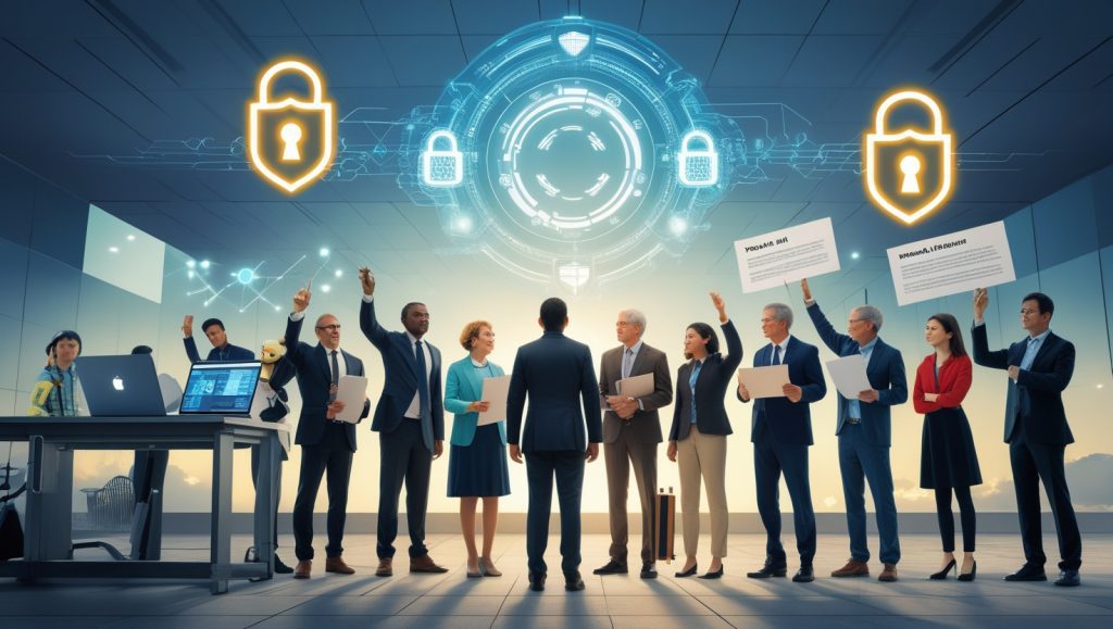 Diverse group of technologists, policymakers, and citizens united for responsible AI development, with holographic AI symbols and protective shields, symbolizing the safeguard movement to protect future generations