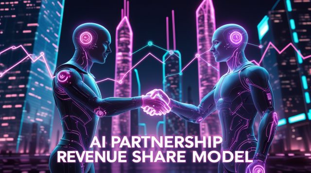 Cyberpunk-style digital illustration titled “AI Partnership Revenue Share Model” showing a glowing handshake between a human and AI figure under neon pink and blue lights, symbolizing collaboration, data exchange, and shared revenue innovation in the future of artificial intelligence.