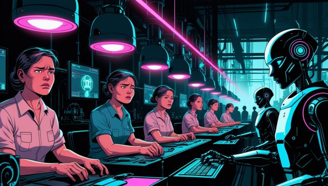 AI Resentment” — neon pink, dark cyberpunk digital art of a smart factory with frustrated line workers, humanoid robots, surveillance HUDs, and glowing analytics overlays, symbolizing workplace distrust, micromanagement, and AI surveillance in industrial settings