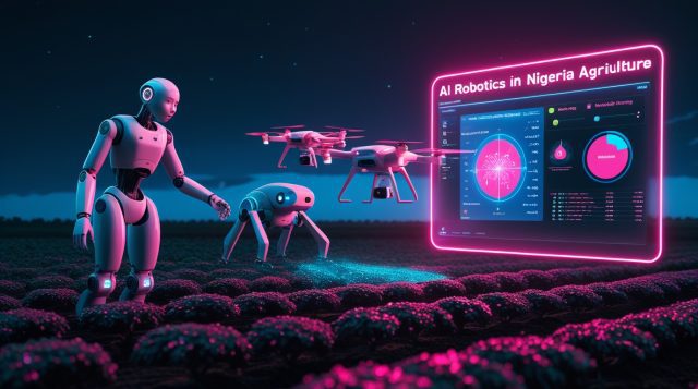 Cyberpunk illustration of AI robotics in Nigeria agriculture, showing robots and drones analyzing crops with neon pink holograms.