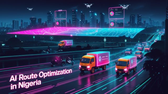 Cyberpunk digital illustration showing AI Route Optimization in Nigeria, featuring neon-lit Lagos traffic grids, autonomous delivery vehicles, and glowing real-time AI route predictions improving logistics efficiency.