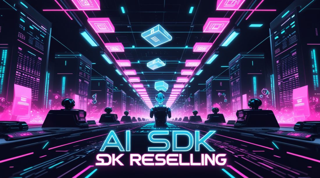 Cyberpunk digital artwork showing a neon-lit AI SDK reselling marketplace with glowing pink and blue holograms, robotic traders, and developers exchanging digital toolkits, symbolizing the rise of white-label AI business models in the $638B AI market.