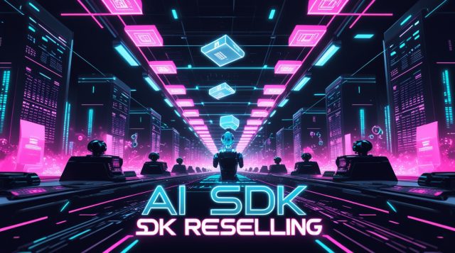 Cyberpunk digital artwork showing a neon-lit AI SDK reselling marketplace with glowing pink and blue holograms, robotic traders, and developers exchanging digital toolkits, symbolizing the rise of white-label AI business models in the $638B AI market.