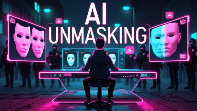 Cyberpunk neon illustration titled “AI Unmasking”: activist uses AI to reconstruct masked ICE officers with holographic faces and reverse-image search, highlighting privacy and policy debate.