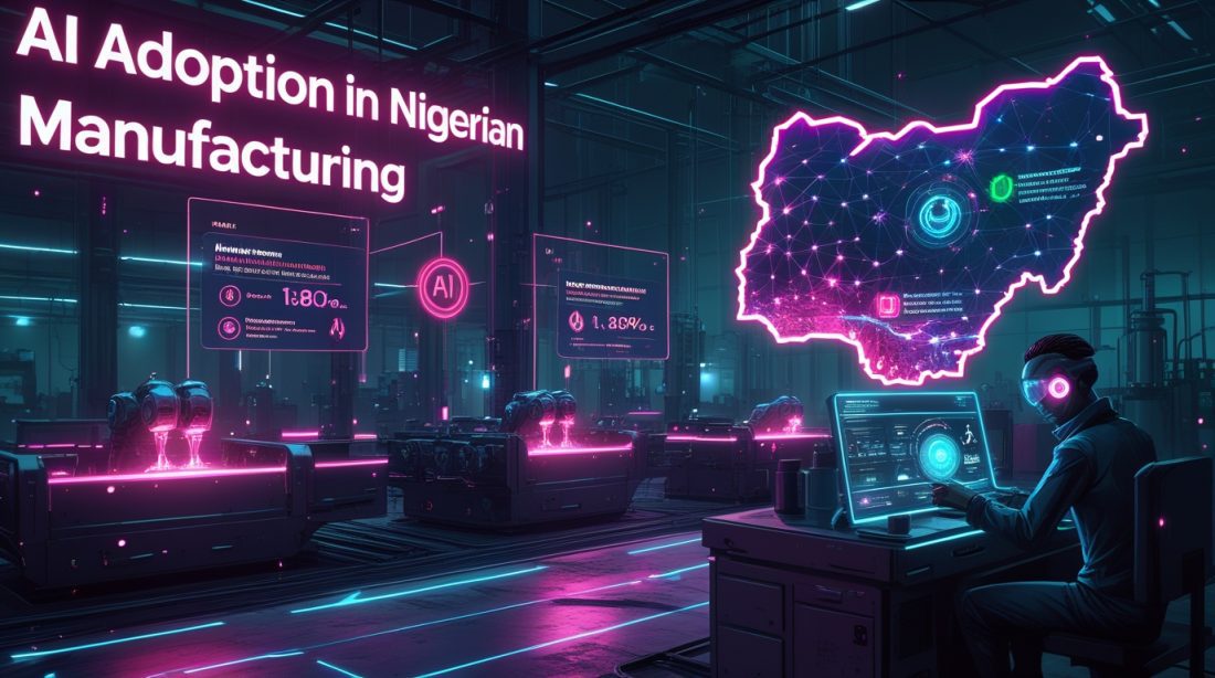 Cyberpunk-style digital illustration showing “AI adoption in Nigerian manufacturing” in neon pink text, with futuristic robots, holographic dashboards, and visuals representing power outages, skill gaps, and AI deployment challenges across Nigerian factories.