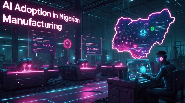 Cyberpunk-style digital illustration showing “AI adoption in Nigerian manufacturing” in neon pink text, with futuristic robots, holographic dashboards, and visuals representing power outages, skill gaps, and AI deployment challenges across Nigerian factories.