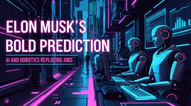 Cyberpunk-style image with neon pink text reading “Elon Musk’s Bold Prediction” and “AI and Robotics Replacing Jobs,” showing robots taking over human work roles.