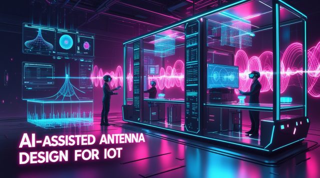 Cyberpunk digital illustration showing AI-assisted antenna design for IoT, with neon pink and blue holograms of antennas and AI models optimizing wireless signals in a futuristic lab, symbolizing next-generation connectivity innovation.