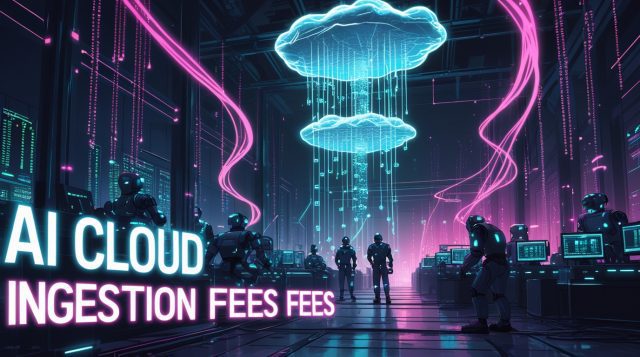 Cyberpunk digital illustration showing glowing pink and blue data streams rising from a futuristic factory to cloud servers, symbolizing high AI cloud ingestion fees and data cost fatigue in industrial AI systems.