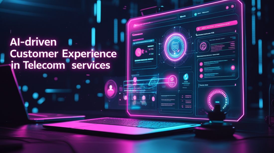AI-driven customer experience in telecom services illustrated in a dark cyberpunk style, showing an AI system analyzing customer interactions and telecom network data.