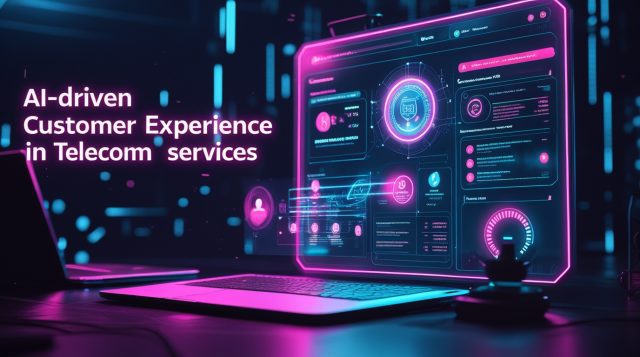 AI-driven customer experience in telecom services illustrated in a dark cyberpunk style, showing an AI system analyzing customer interactions and telecom network data.