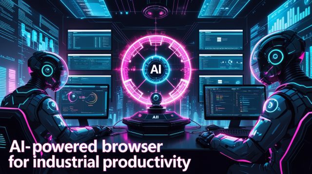 Cyberpunk-style digital illustration titled **“AI-powered browser for industrial productivity,”** featuring neon pink and blue lights, holographic browser interfaces, and Microsoft Copilot automating industrial workflows across data streams to enhance enterprise productivity.