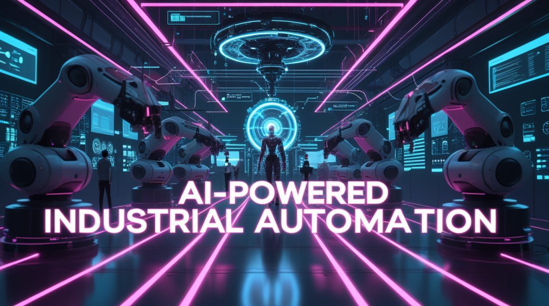 Futuristic cyberpunk illustration of AI-powered industrial automation with glowing pink and blue lights, showing humanoid robots and robotic arms assembling machinery under holographic data dashboards, symbolizing Rivian’s Mind Robotics and next-gen factory automation.