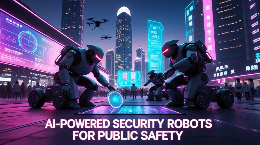 Cyberpunk digital illustration of AI-powered security robots for public safety in neon pink and blue lighting, showing autonomous robots patrolling a futuristic Hong Kong city, detecting threats, and performing bomb disposal tasks using advanced industrial AI technology.