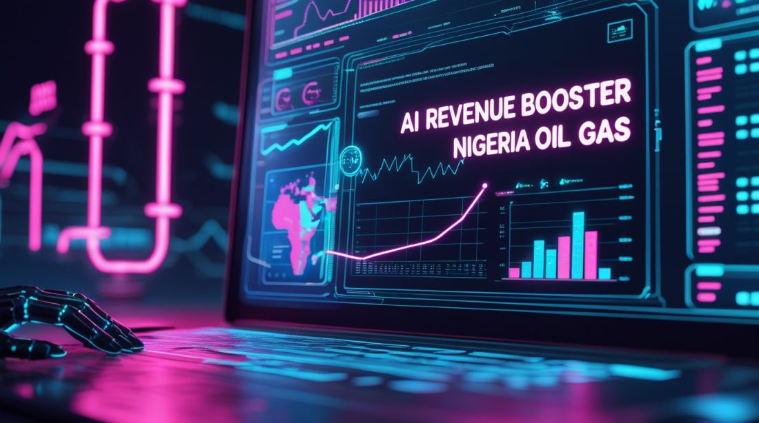 Cyberpunk-style illustration of AI analyzing Nigeria oil and gas revenue data with the text “AI revenue booster Nigeria oil gas.”