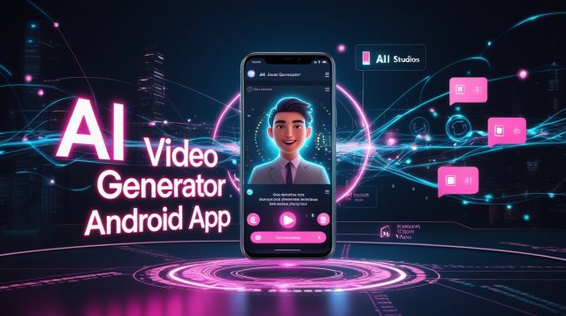 Futuristic cyberpunk digital illustration with neon pink and blue tones showing a smartphone projecting an AI avatar hologram. Text reads “AI Video Generator Android App,” symbolizing mobile-first AI video creation and enterprise communication technology.