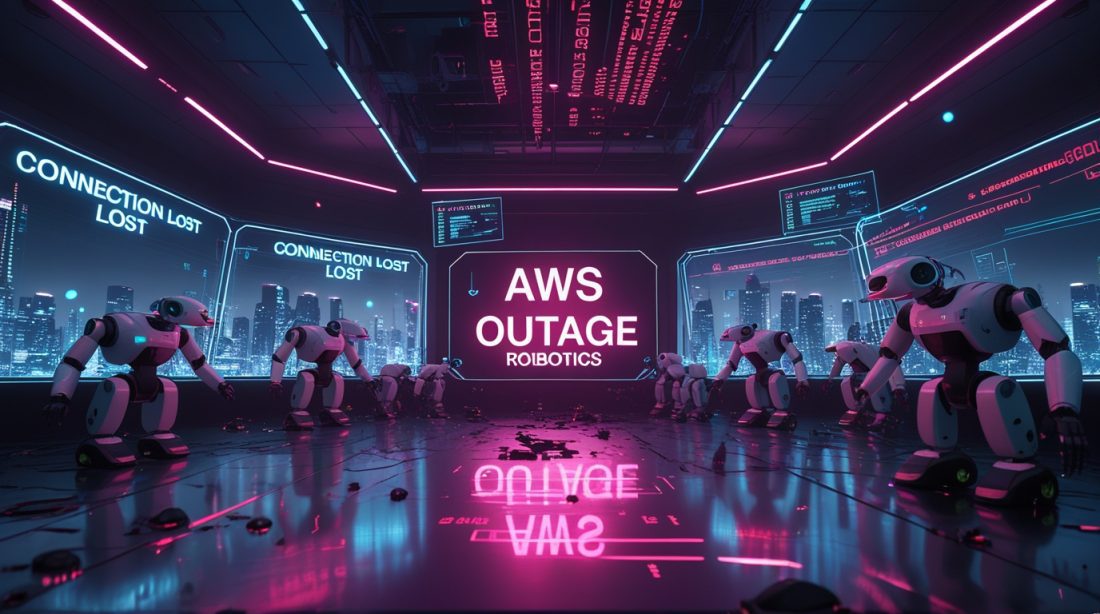 Cyberpunk-style digital illustration showing humanoid robots frozen during an AWS outage robotics, surrounded by pink and blue neon lights and flickering error holograms, representing the global robotics failure and the rise of edge AI autonomy.