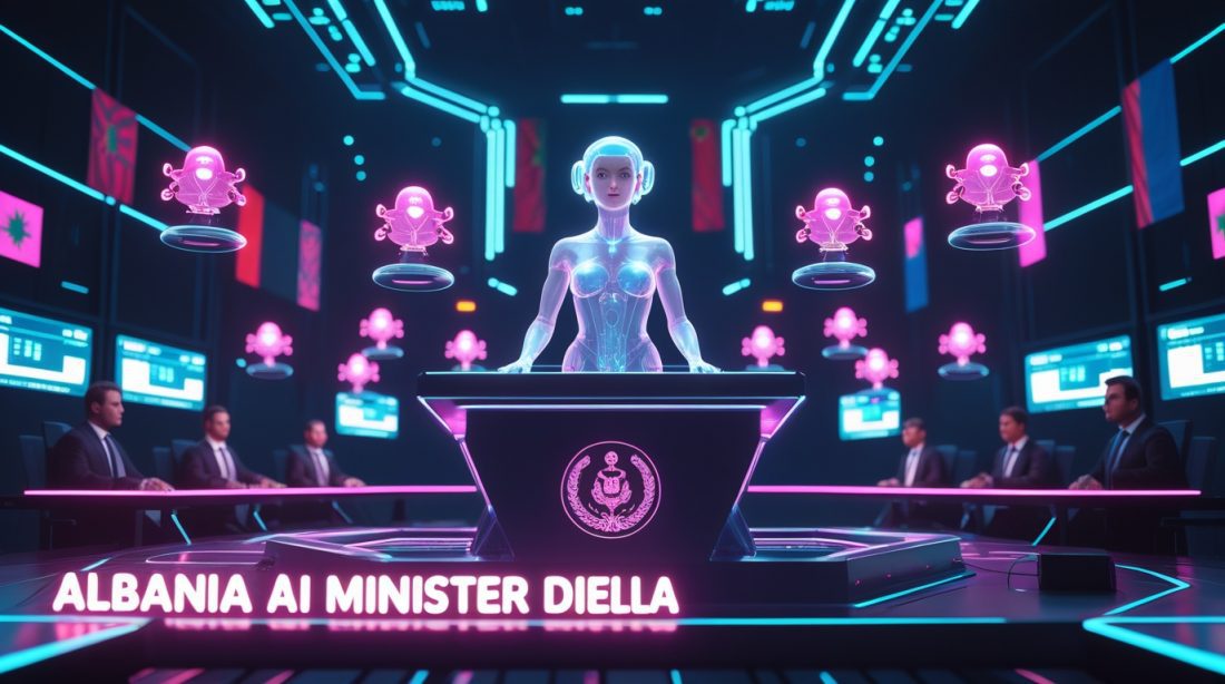 Albania AI Minister Diella portrayed in a cyberpunk digital illustration, showing a glowing humanoid AI surrounded by 83 holographic assistants inside a neon pink and blue Albanian government control room, symbolizing AI-driven governance and political automation.